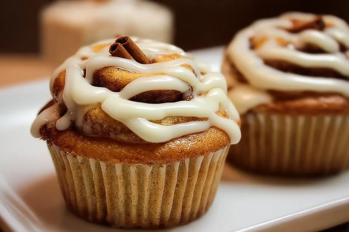 Delicious cinnamon roll cupcakes topped with cream cheese frosting on a plate