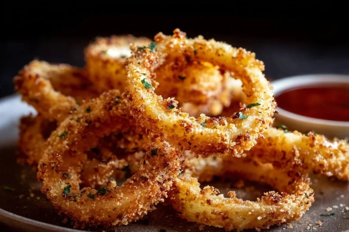 Crispy homemade air fryer onion rings ready to serve as a snack or side dish