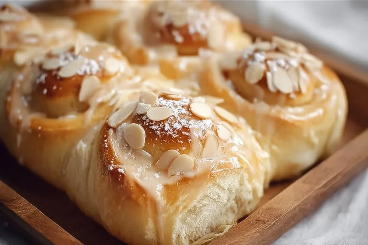 Freshly baked Almond Sweet Rolls topped with almond glaze and nuts.