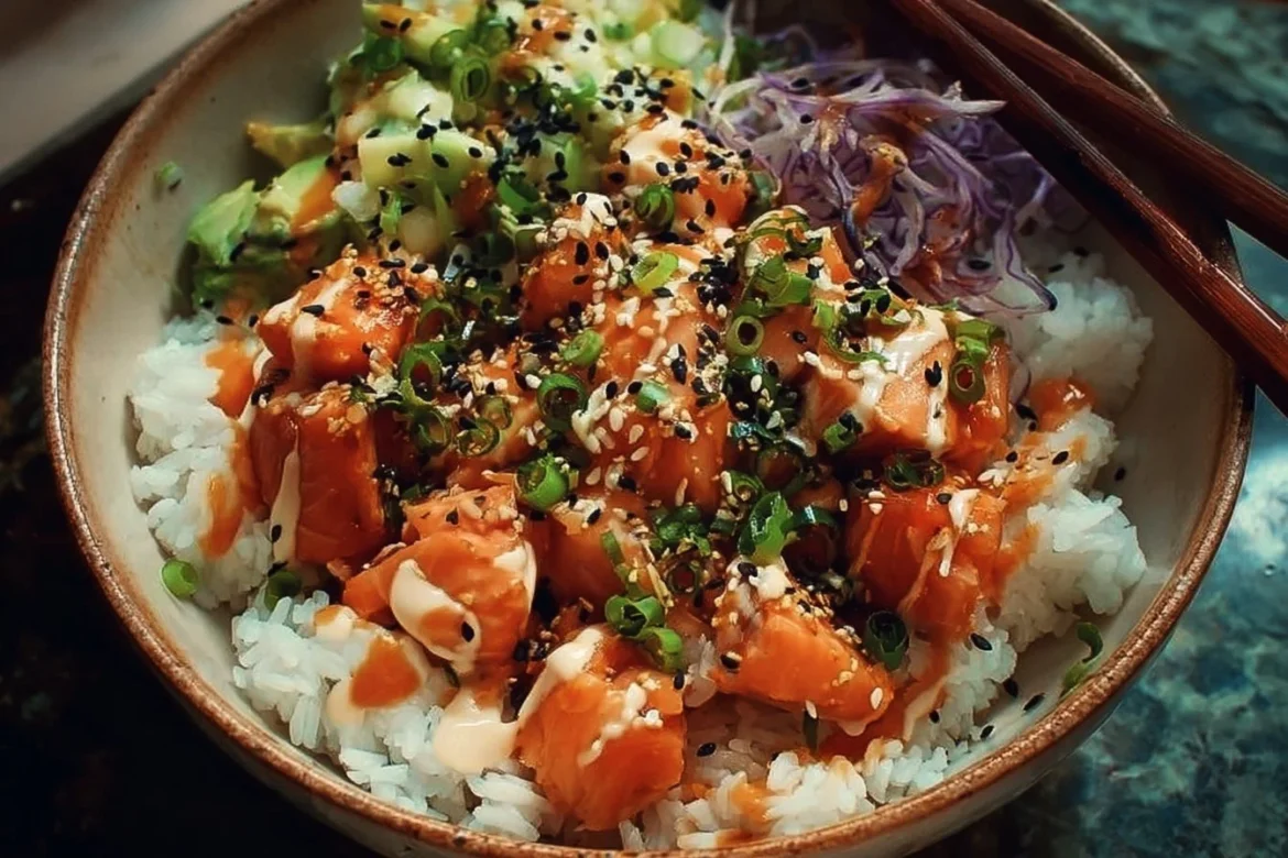 Delicious Asian salmon rice bowl with fresh vegetables and sesame seeds