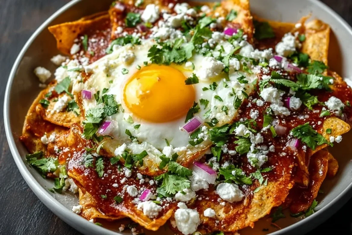 Delicious plate of authentic Chilaquiles topped with cheese and avocado.