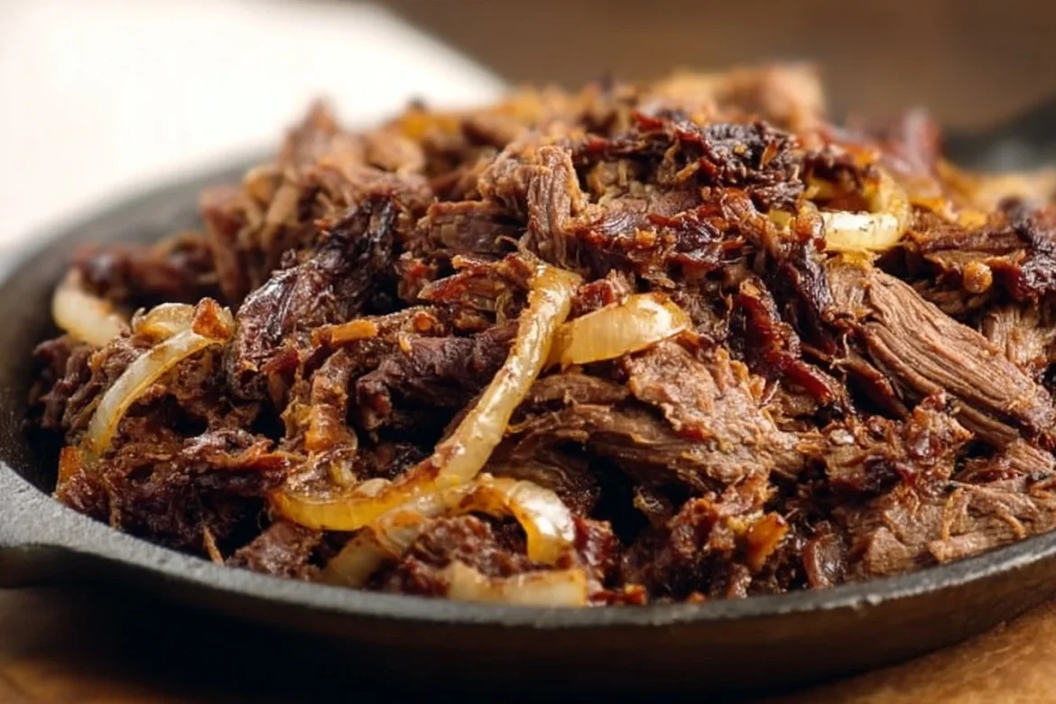 Plate of authentic Cuban Fried Beef served with rice and plantains