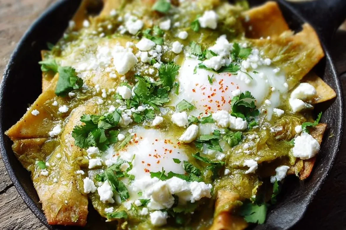 Plate of authentic green chilaquiles topped with avocado and feta cheese.