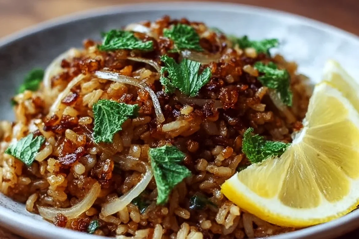 Bowl of authentic Lebanese Mujadara with lentils, rice, and caramelized onions