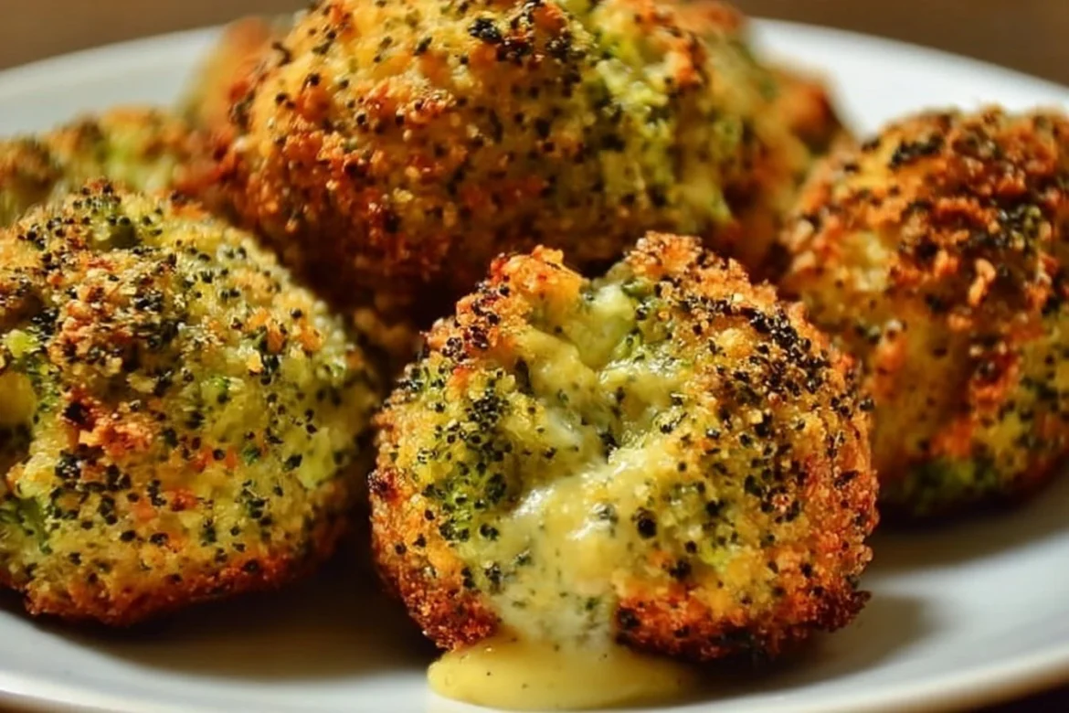 Baked broccoli cheese balls on a plate, ready to serve as a healthy snack.