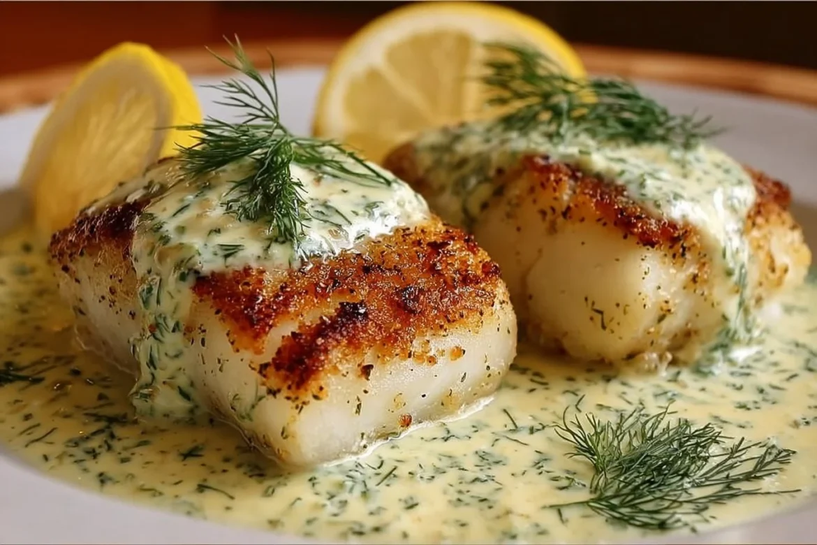 Baked cod fillet topped with lemon-dill sauce on a plate