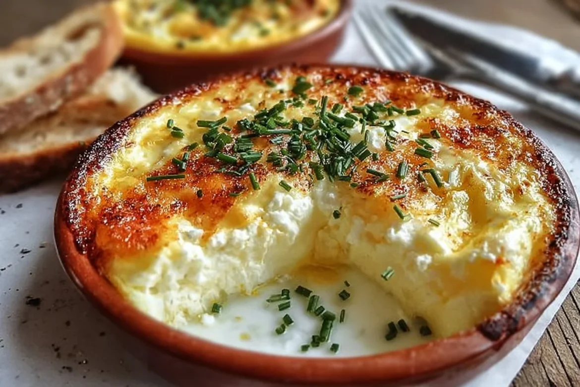 Baked Cottage Cheese Eggs served in a dish, garnished with herbs.