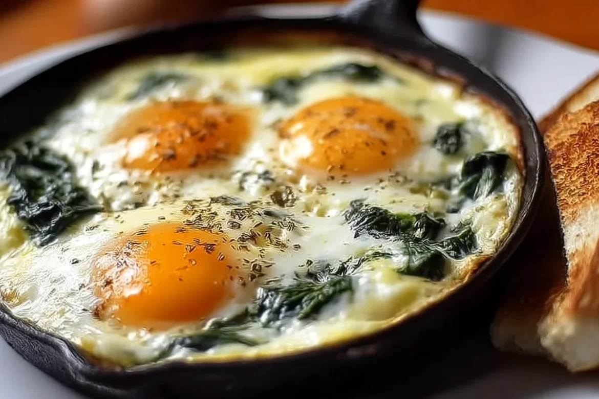 Delicious Baked Eggs Florentine served with spinach and eggs