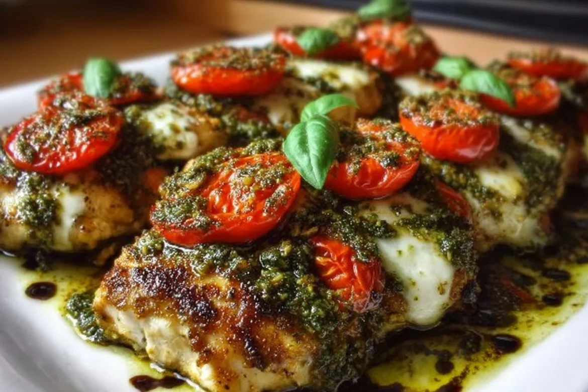 Baked Pesto Caprese Chicken topped with fresh basil and mozzarella