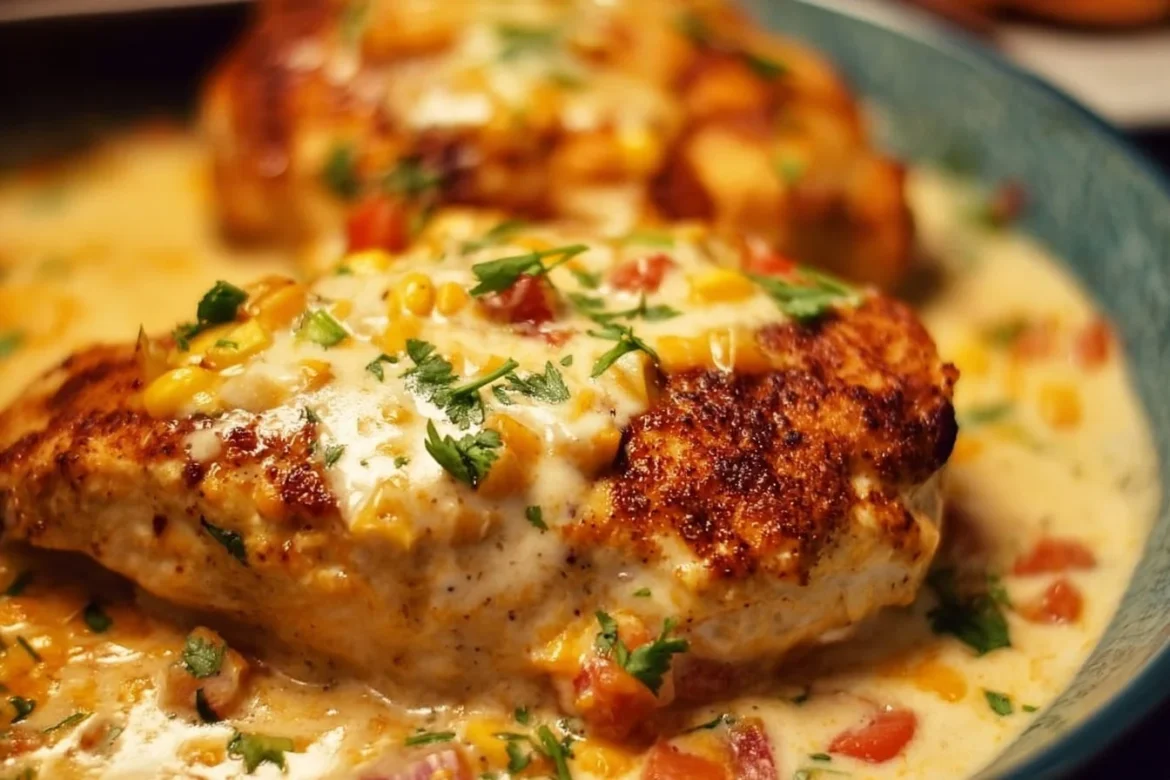 Baked Queso Chicken topped with melted cheese and spices