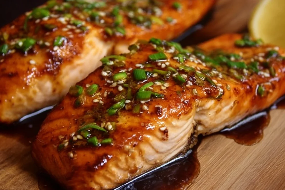 Oven-baked teriyaki salmon fillet with vibrant vegetables on a plate