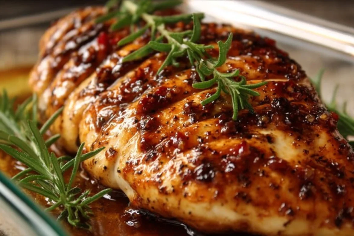 Balsamic Baked Chicken Breast with herbs and spices, plated and ready to serve.