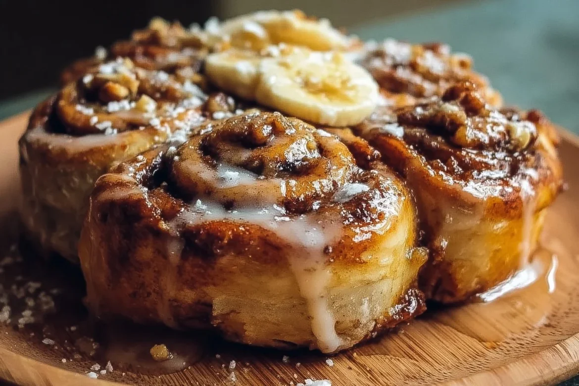 Delicious homemade banana cinnamon rolls topped with cream cheese icing.