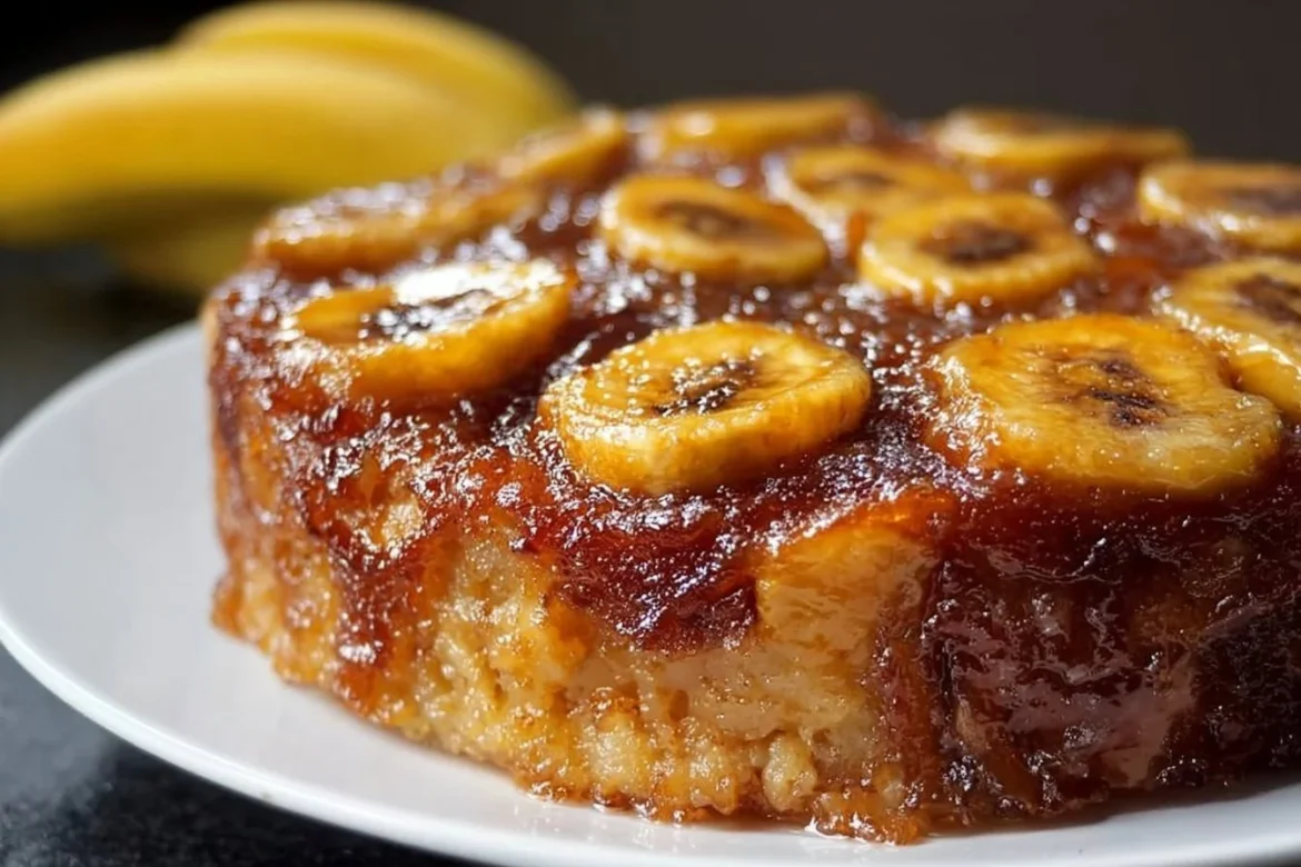 Delicious Banana Foster Upside Down Cake with caramelized bananas