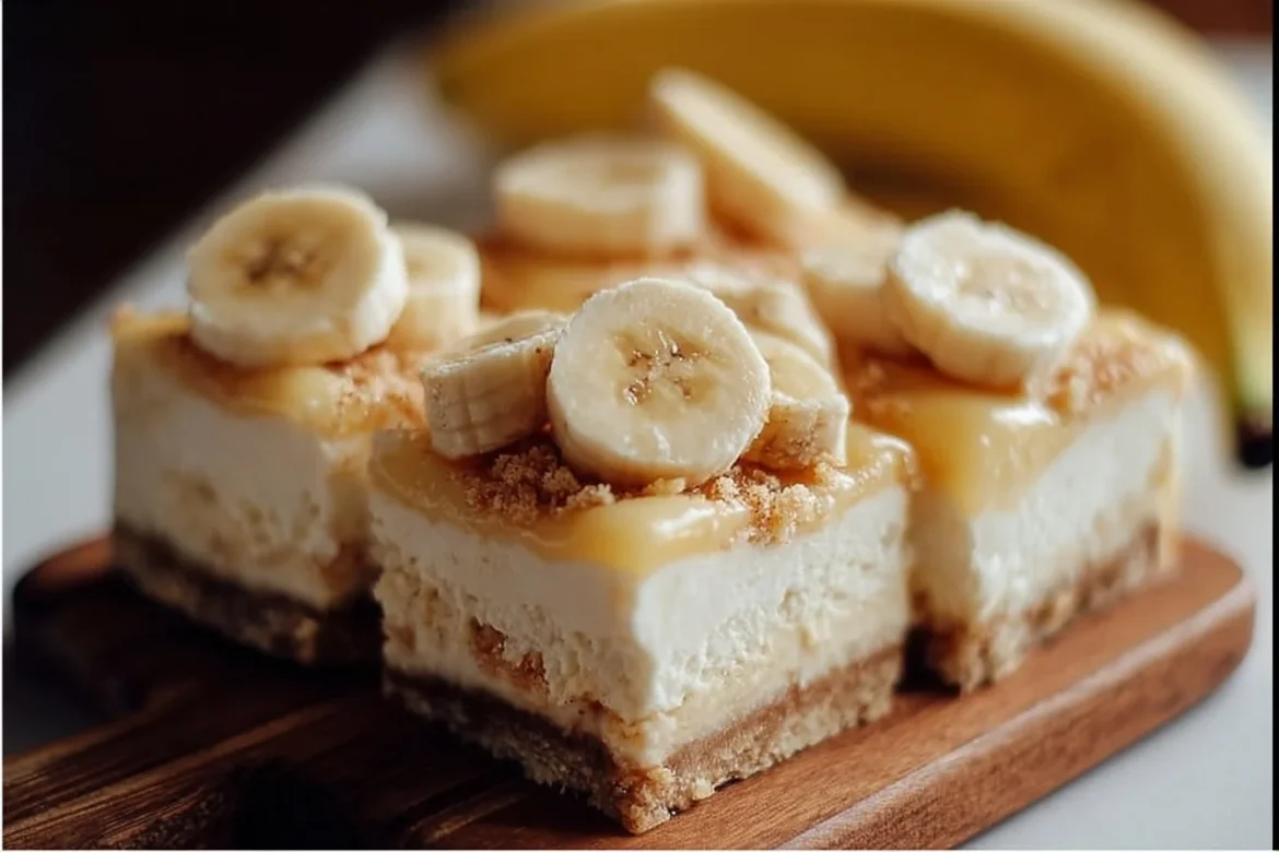 Delicious banana pudding cheesecake squares served on a plate