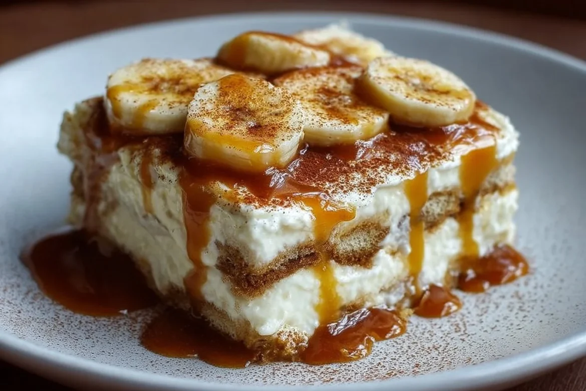 Delicious banana pudding tiramisu with caramel drizzle in a serving dish.