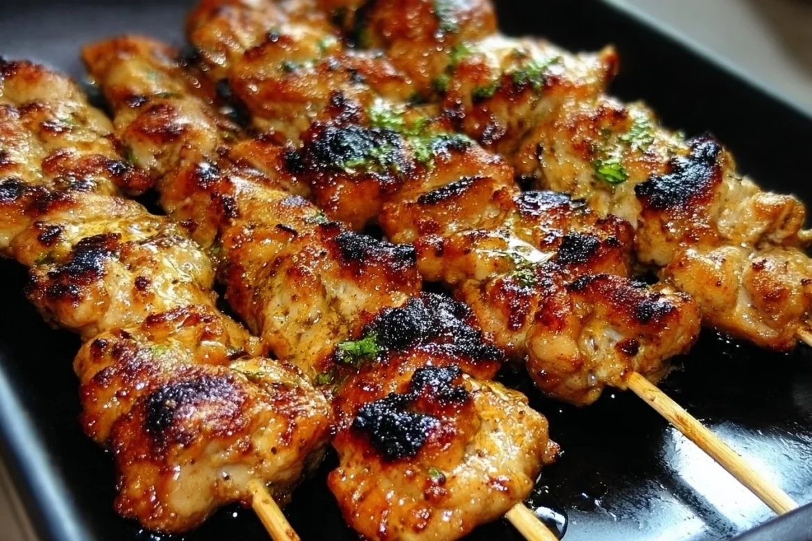 Delicious Bang Bang Chicken Skewers served with a spicy sauce