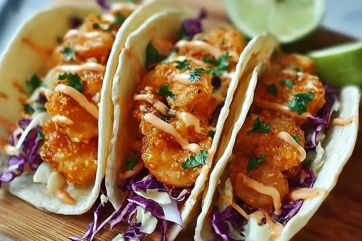 Plate of Bang Bang Shrimp Tacos garnished with fresh vegetables