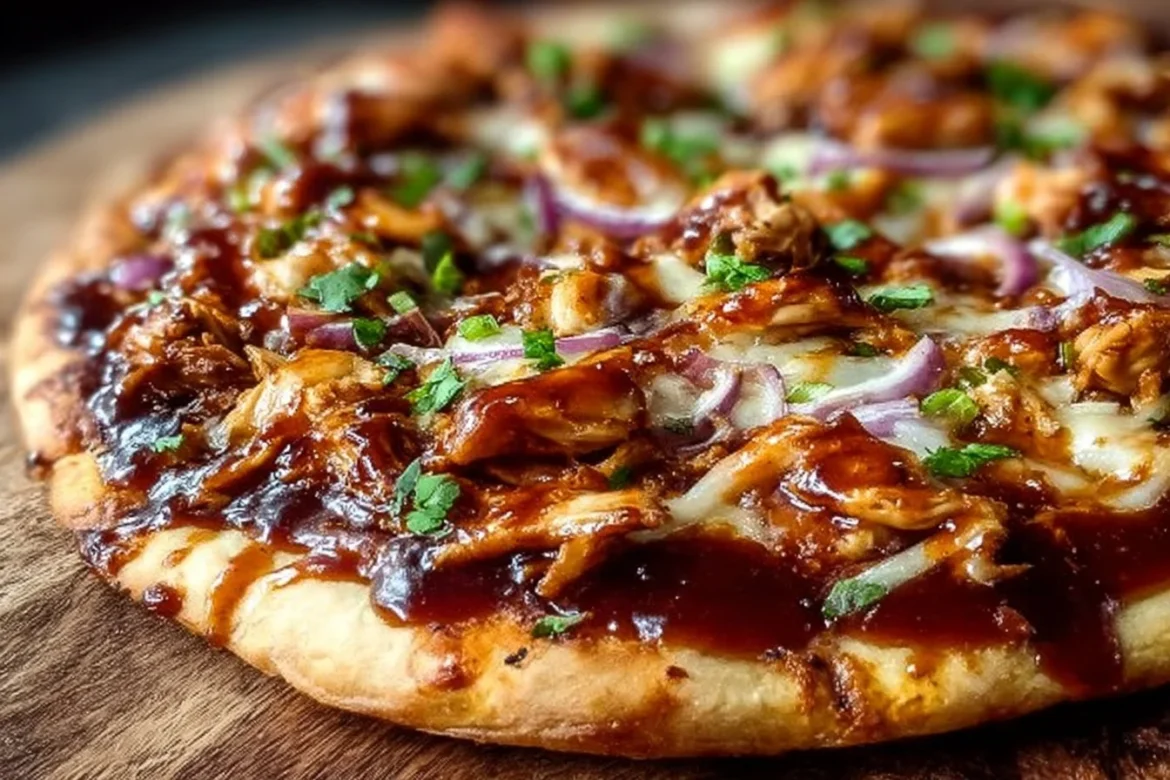 Delicious BBQ Chicken Pizza with barbecue sauce, chicken, and melted cheese