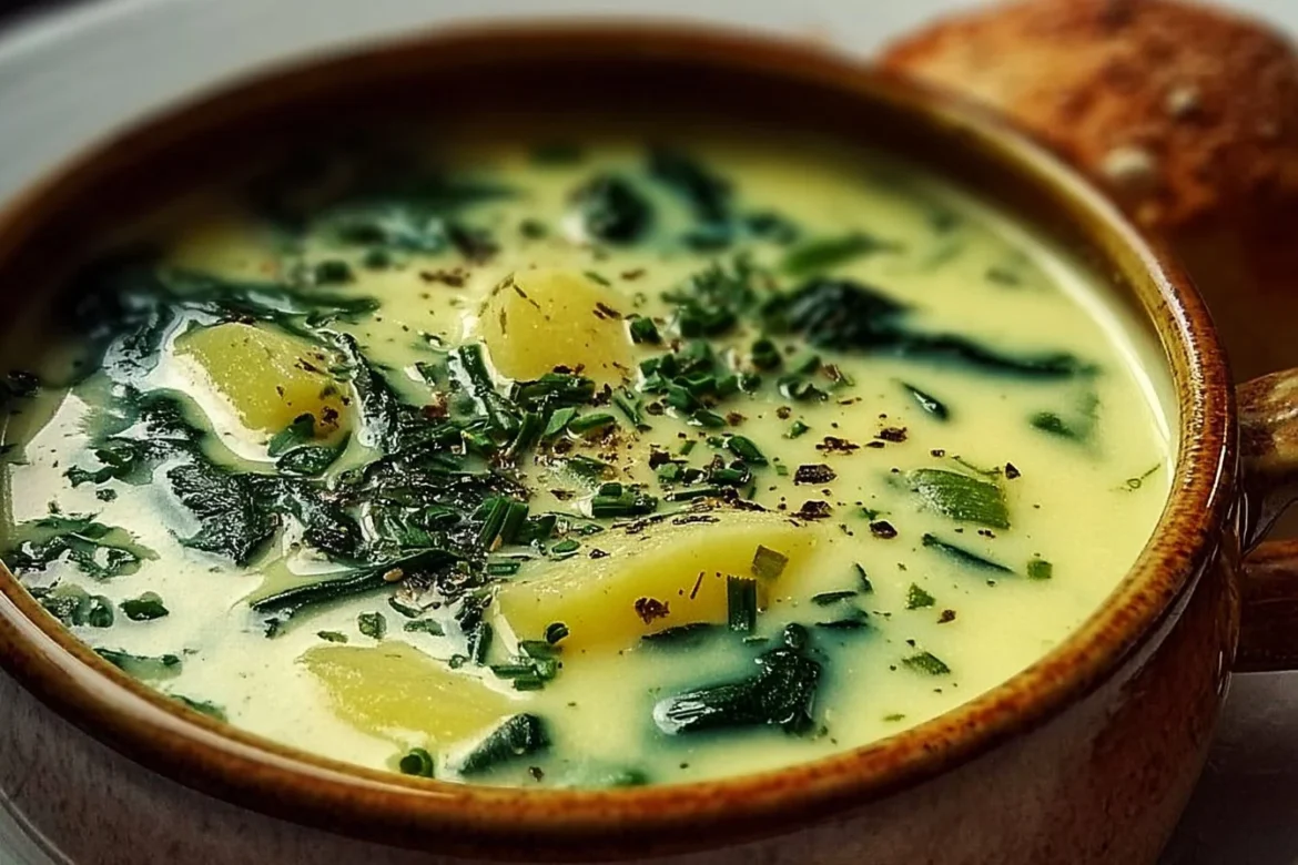 Bowl of creamy spinach potato soup garnished with fresh herbs