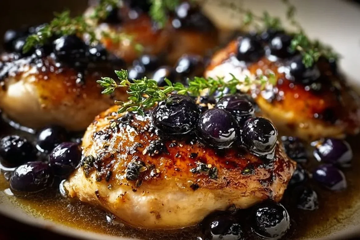 Plate of best-ever blueberry thyme chicken garnished with fresh herbs