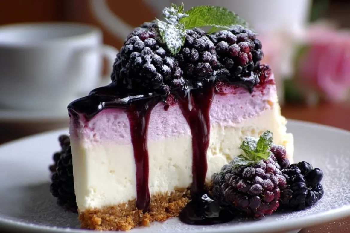 Slice of Blackberry Bliss Cheesecake topped with fresh blackberries and whipped cream