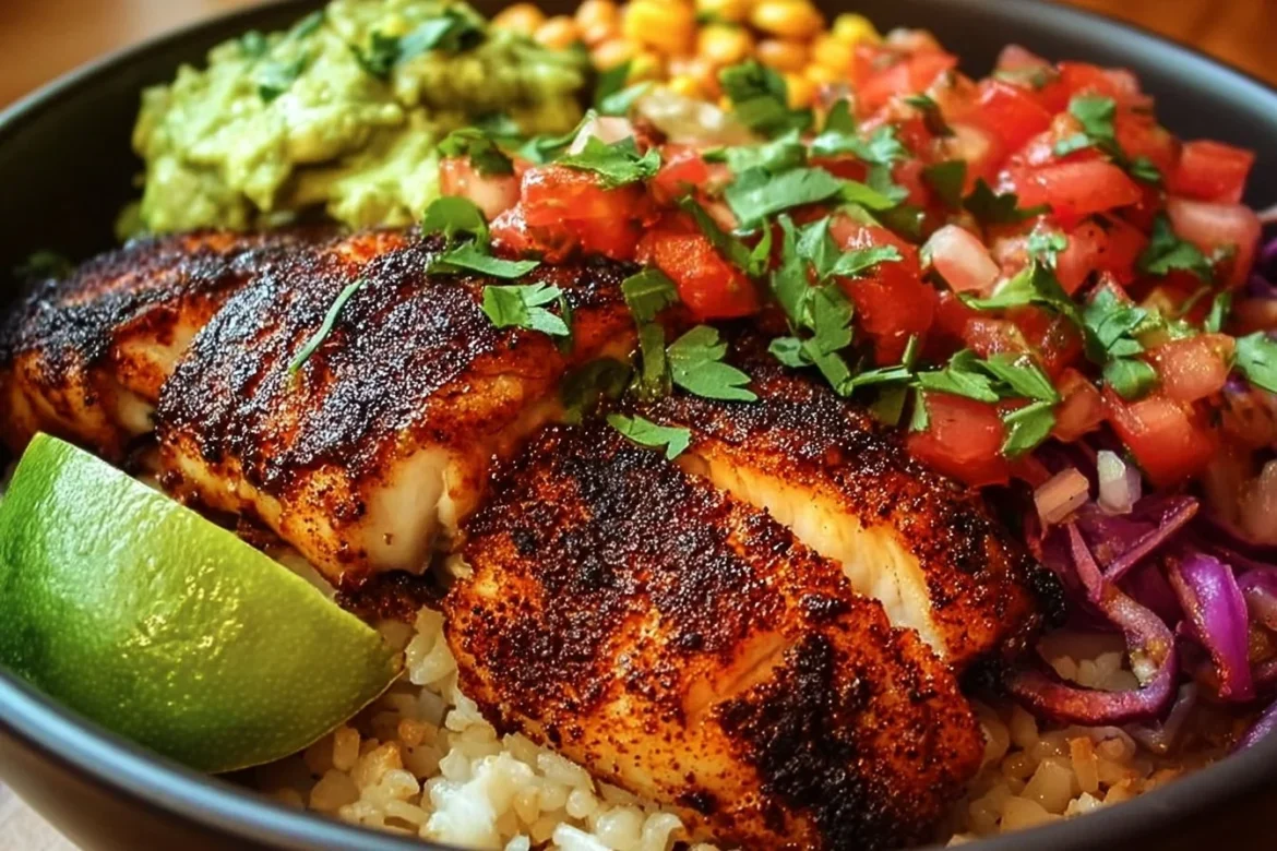 Delicious blackened fish taco bowls topped with fresh ingredients and spices