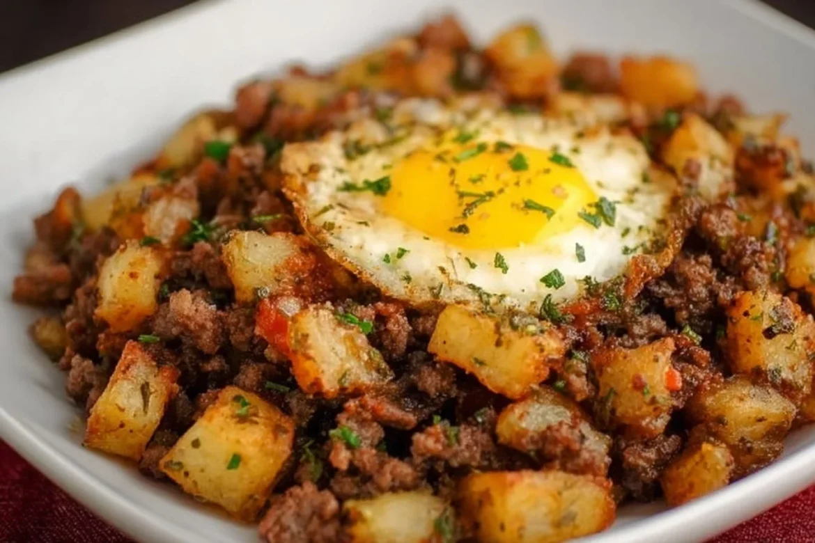 Delicious Blackstone Hamburger Hash served in a skillet with fresh ingredients