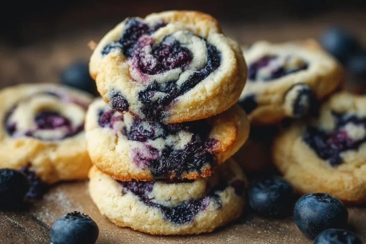 Freshly baked blueberry cheesecake cookies topped with blueberries