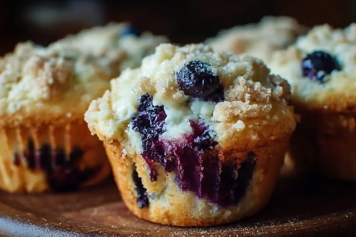 Freshly baked blueberry cream cheese muffins on a cooling rack.