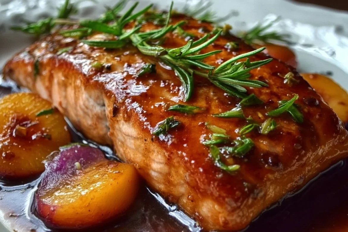 Grilled Bourbon Peach Salmon served with fresh herbs