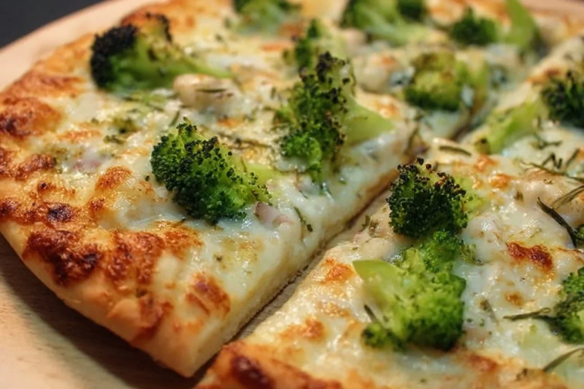 Broccoli white pizza topped with fresh broccoli and cheese