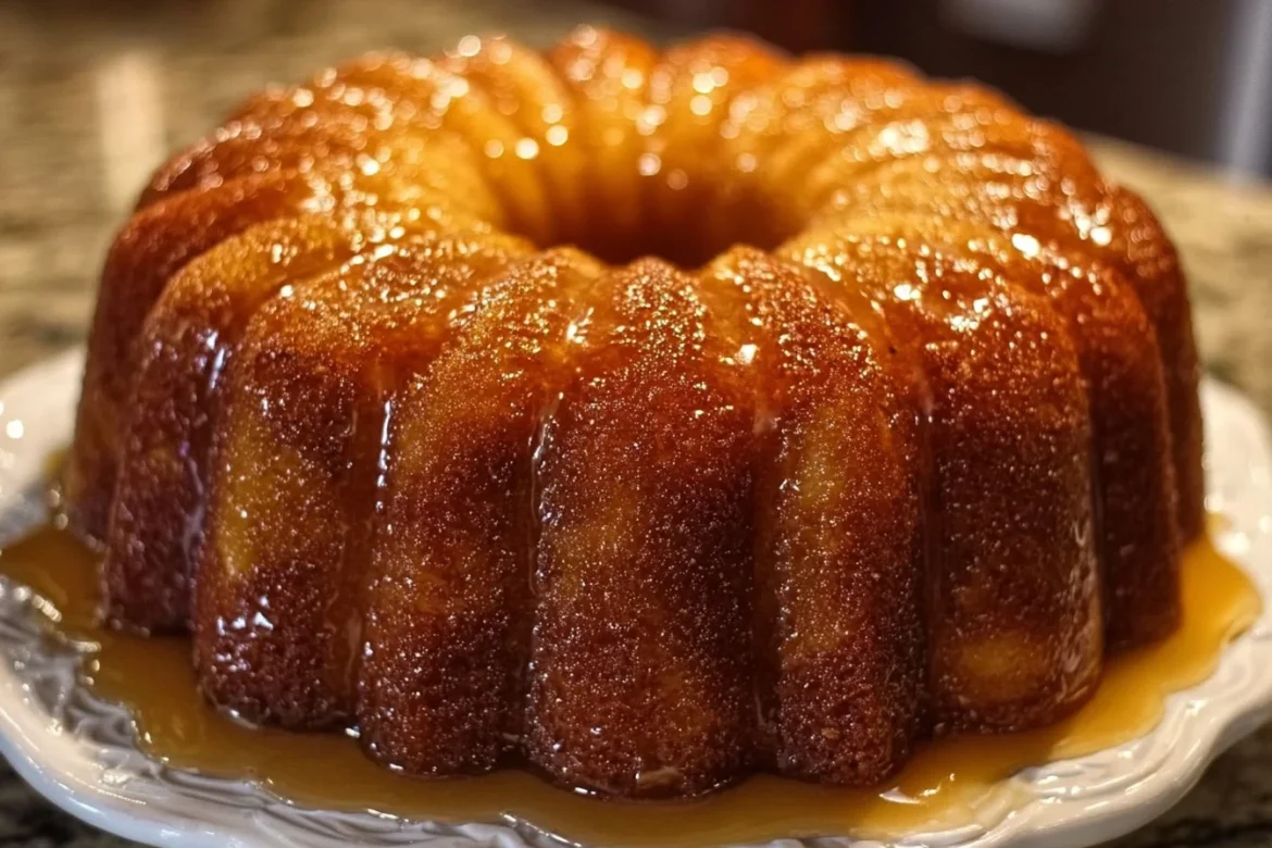 Brown Sugar Glazed Apple Bundt Cake topped with caramel drizzle and apple slices