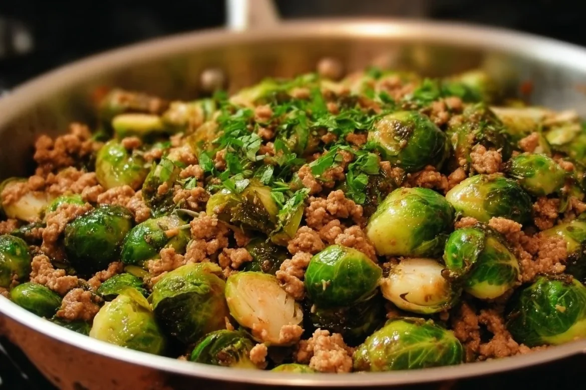 Brussels sprouts and ground turkey skillet dish served in a pan.