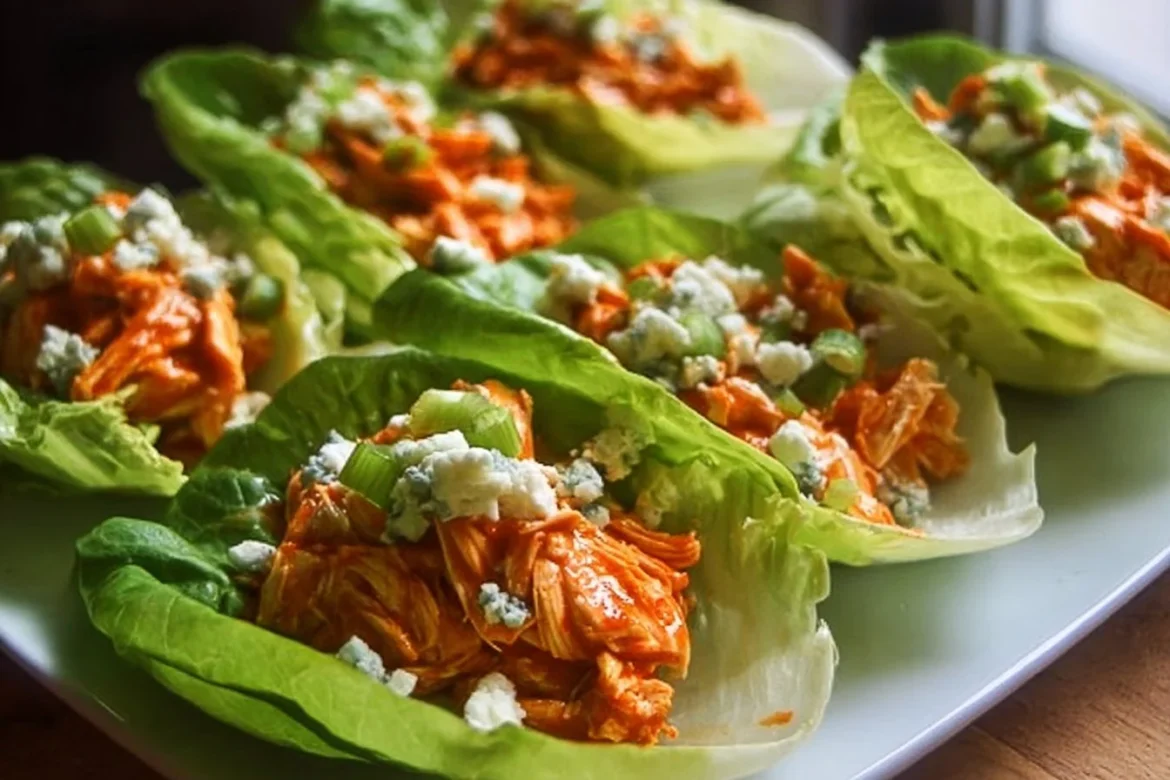 Buffalo chicken lettuce wraps with fresh ingredients served on a plate