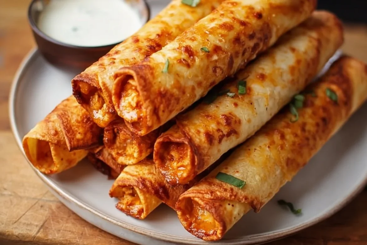 Crispy Buffalo Chicken Taquitos served with dipping sauce on a plate