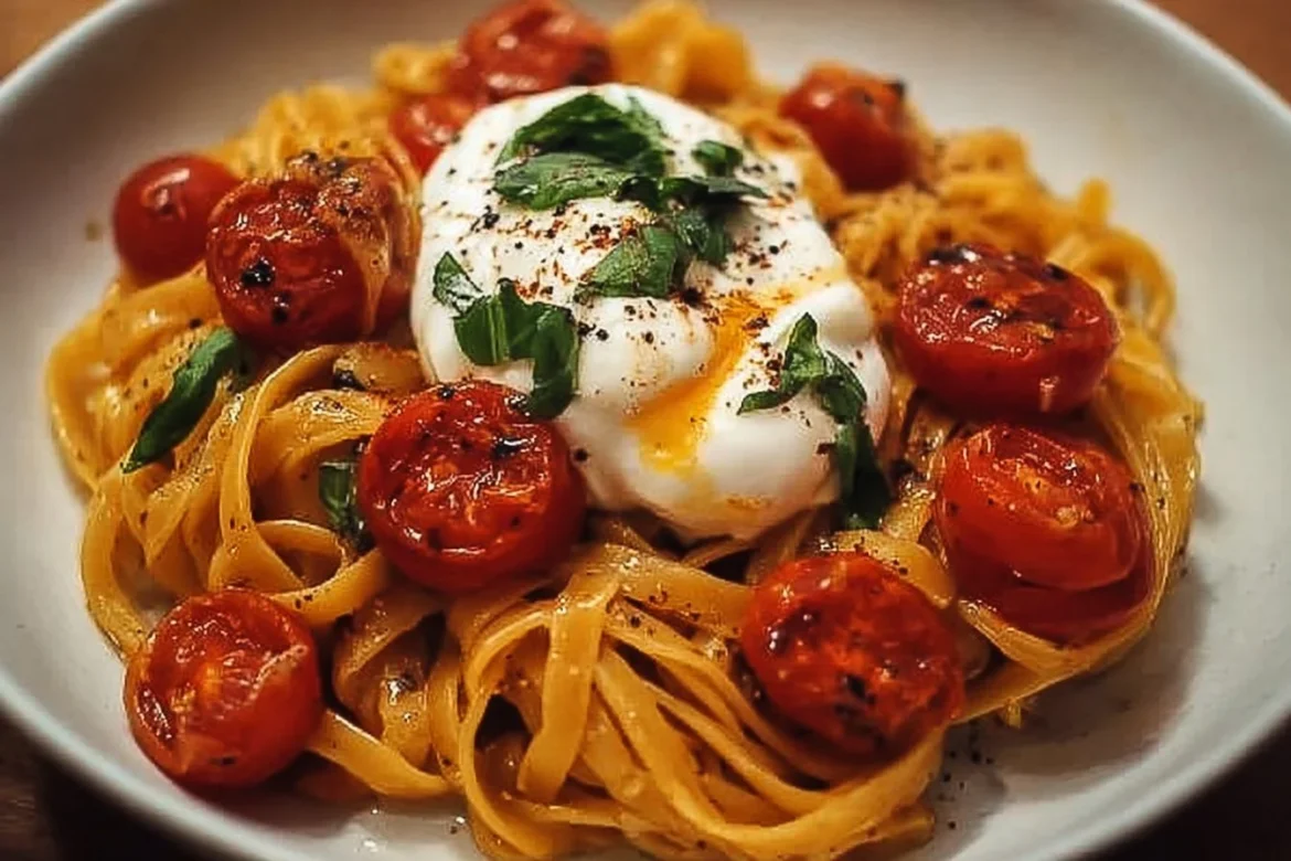 Delicious Burst Tomato Burrata Pasta with fresh tomatoes and creamy burrata cheese