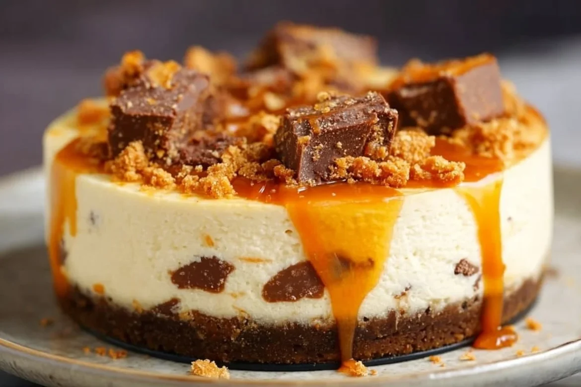 Delicious Butterfinger Cheesecake topped with crunchy Butterfinger pieces