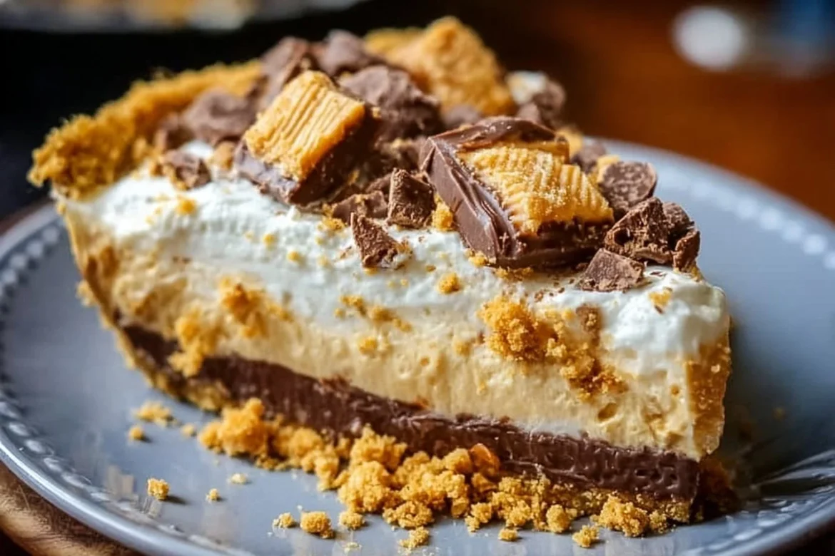 Delicious Butterfinger peanut butter pie topped with crushed Butterfinger candy.