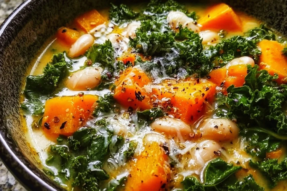 Delicious butternut squash kale white bean soup in a bowl garnished with herbs.