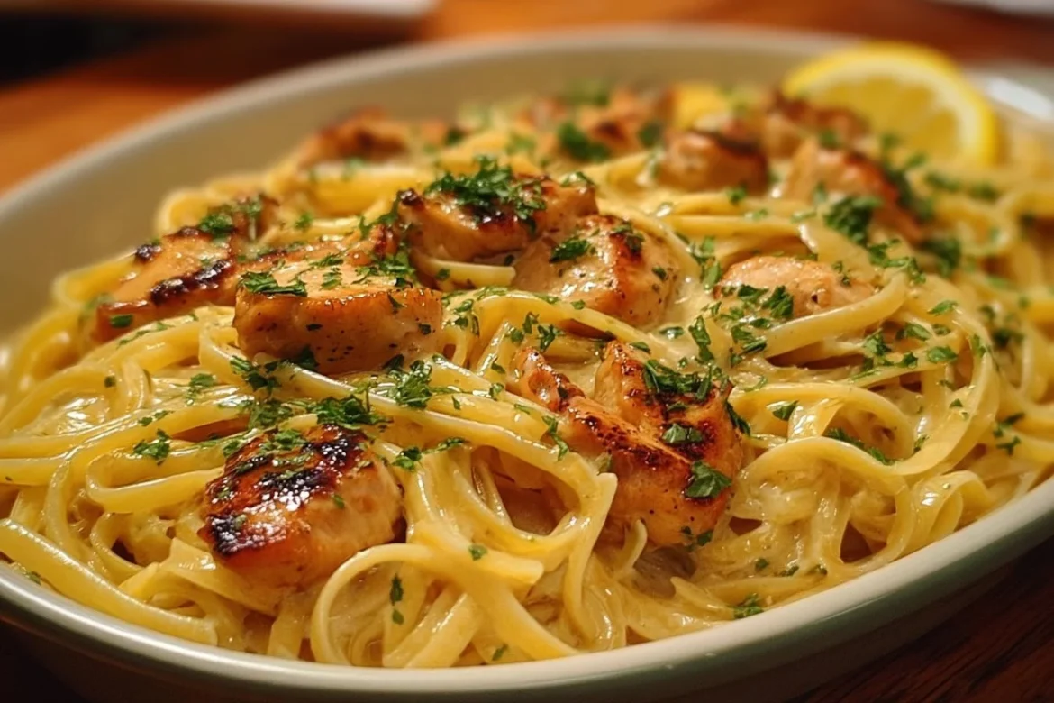 Buttery garlic chicken linguine served in a bowl with fresh herbs and parmesan cheese