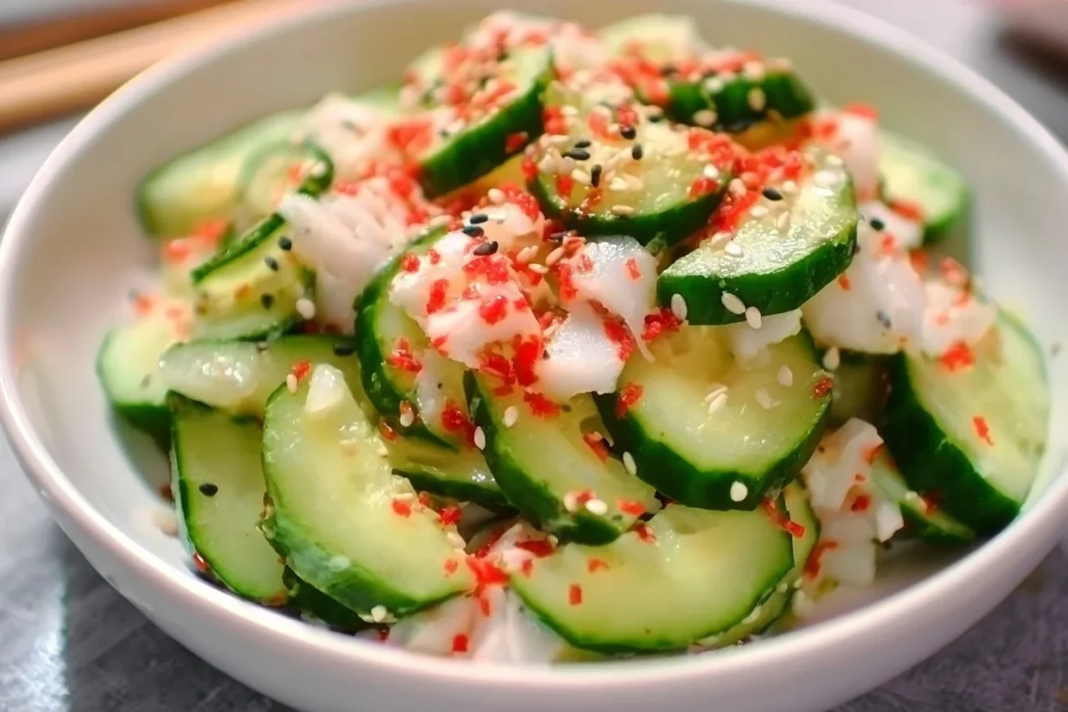 Fresh California Roll Cucumber Salad with sushi ingredients and toppings