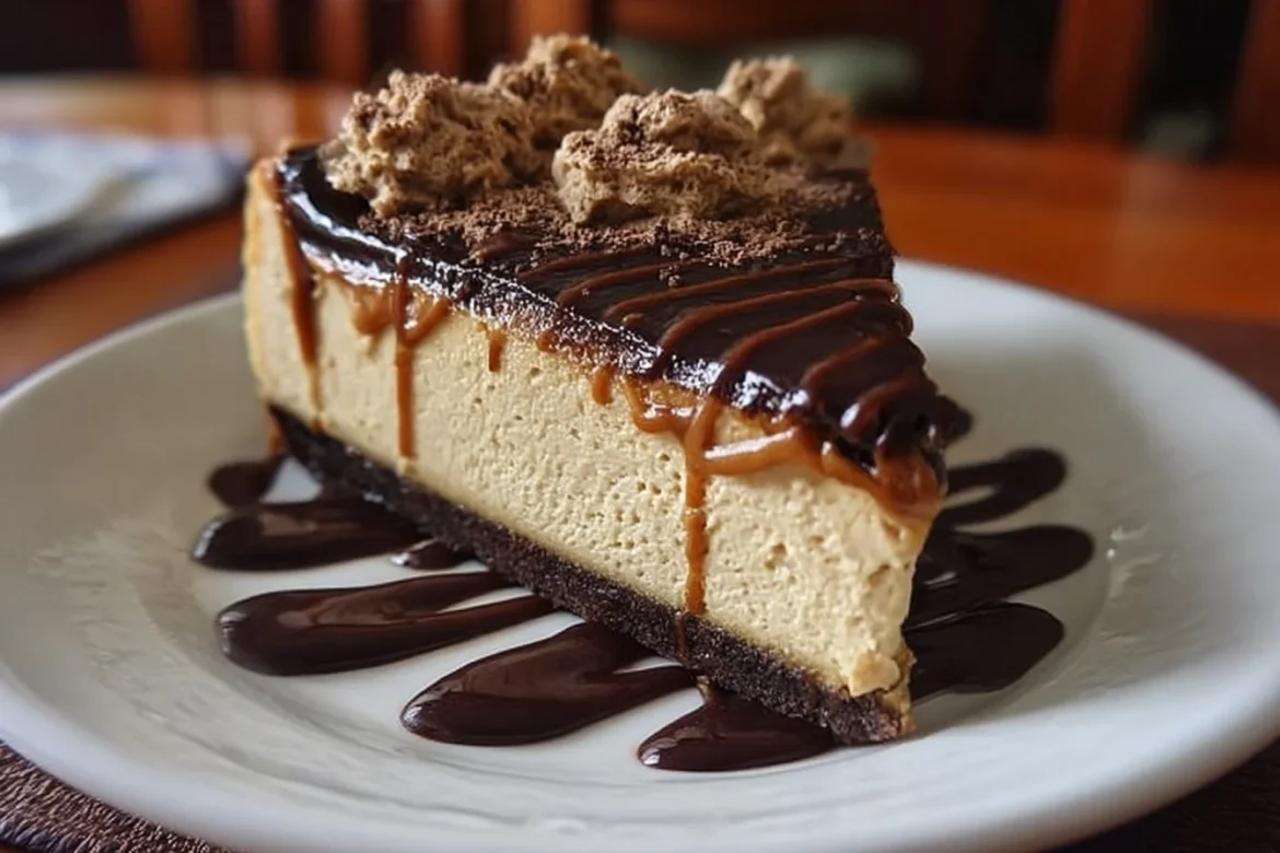 Delicious cappuccino fudge cheesecake with chocolate drizzle on a white plate