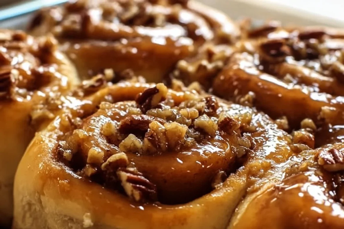 Caramel pecan cinnamon yeast rolls freshly baked and drizzled with caramel