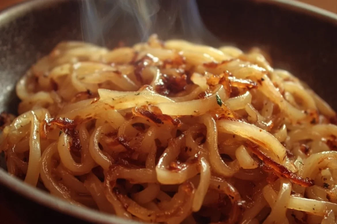 Delicious plate of caramelized onion pasta garnished with herbs