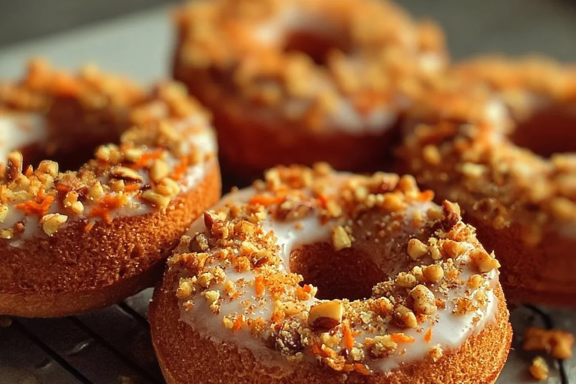 Delicious freshly baked carrot cake donuts topped with cream cheese glaze