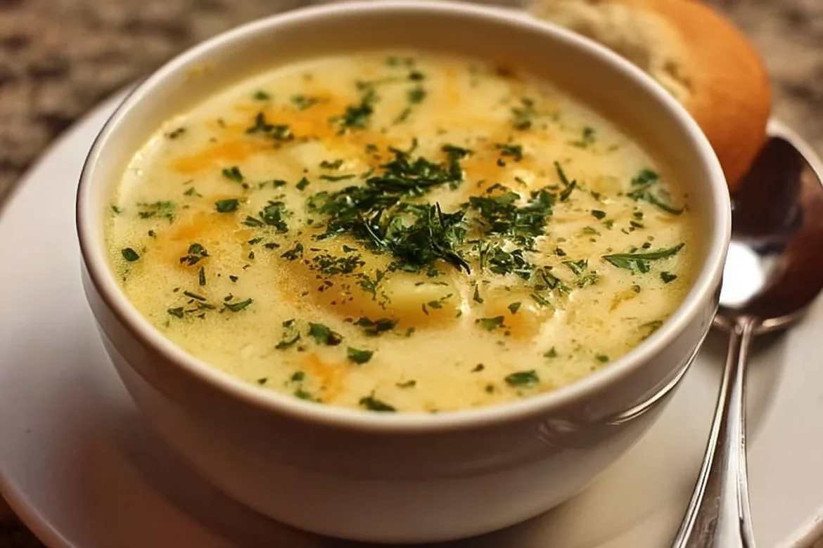 Bowl of Cheddar Garlic Herb Potato Soup garnished with herbs.