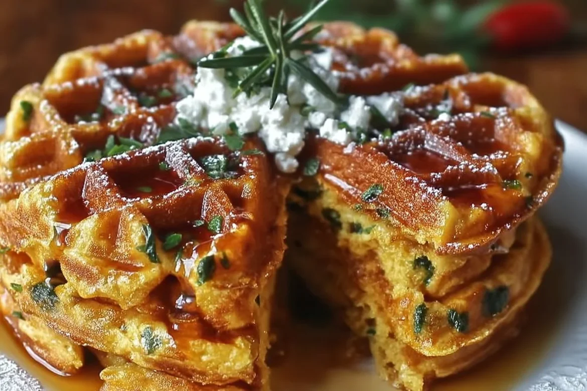 Cheddar Jalapeño Cornbread Waffles served with syrup and toppings