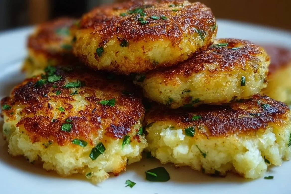 Cheesy cauliflower patties served on a plate with dipping sauce.