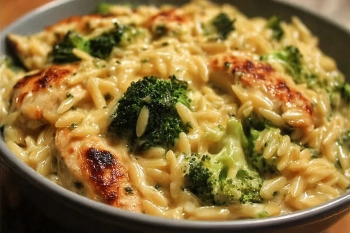 Creamy Cheesy Chicken Broccoli Orzo served in a bowl.